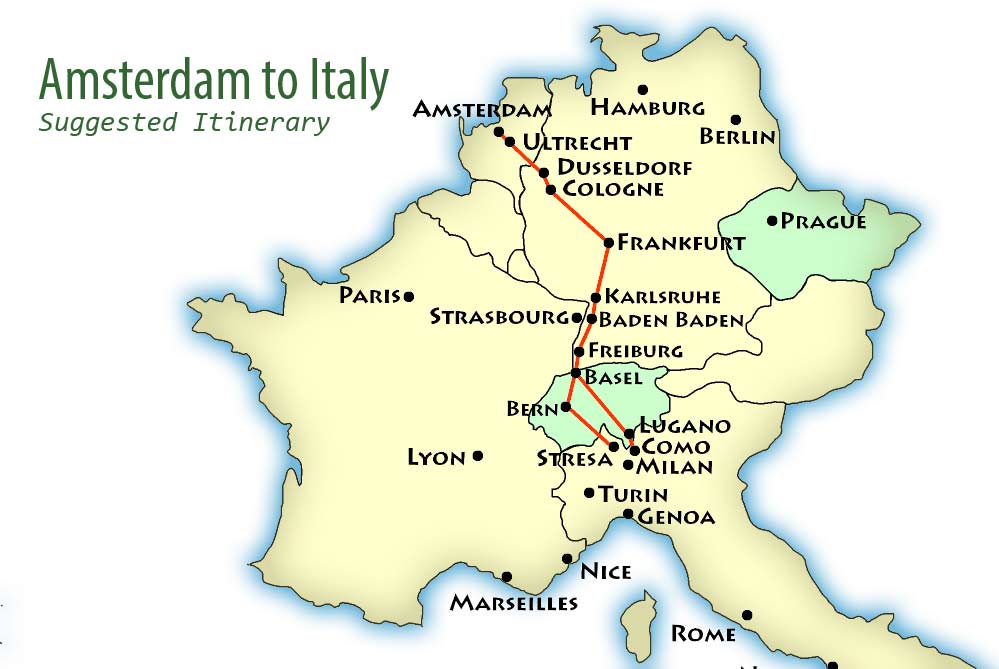 itinerary map amsterdam to italy