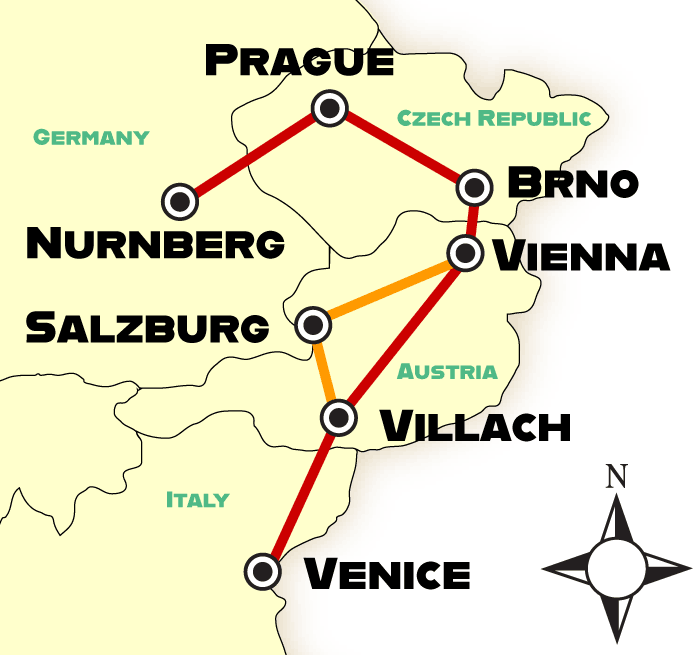 itinerary map venice to nuremberg
